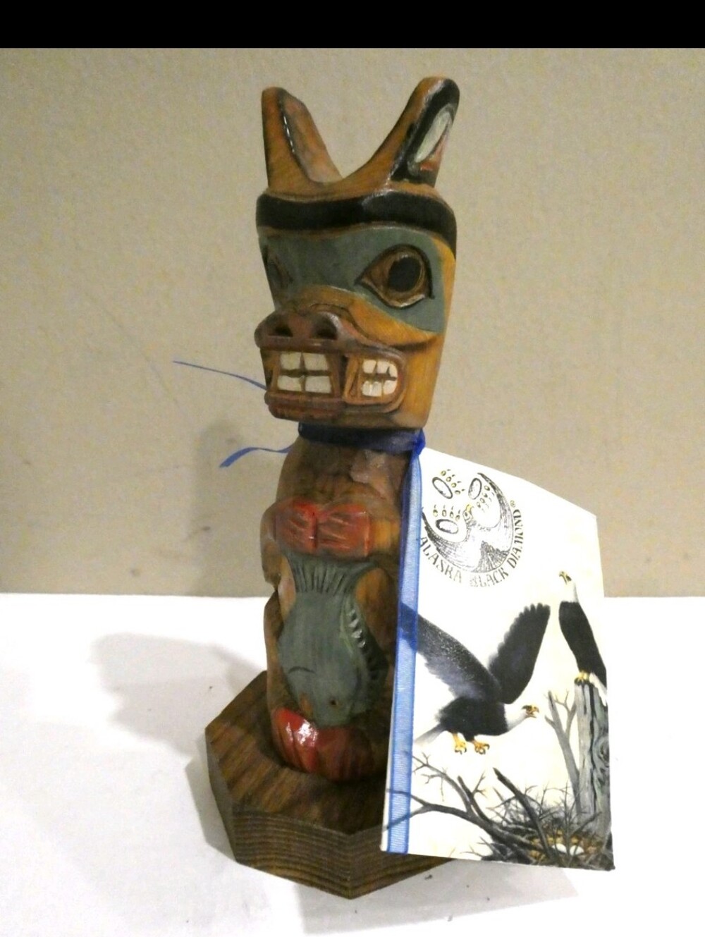 Alaska Black Diamond Wolf's Offering Salmon Wooden Figurine 6.5". NEW.
